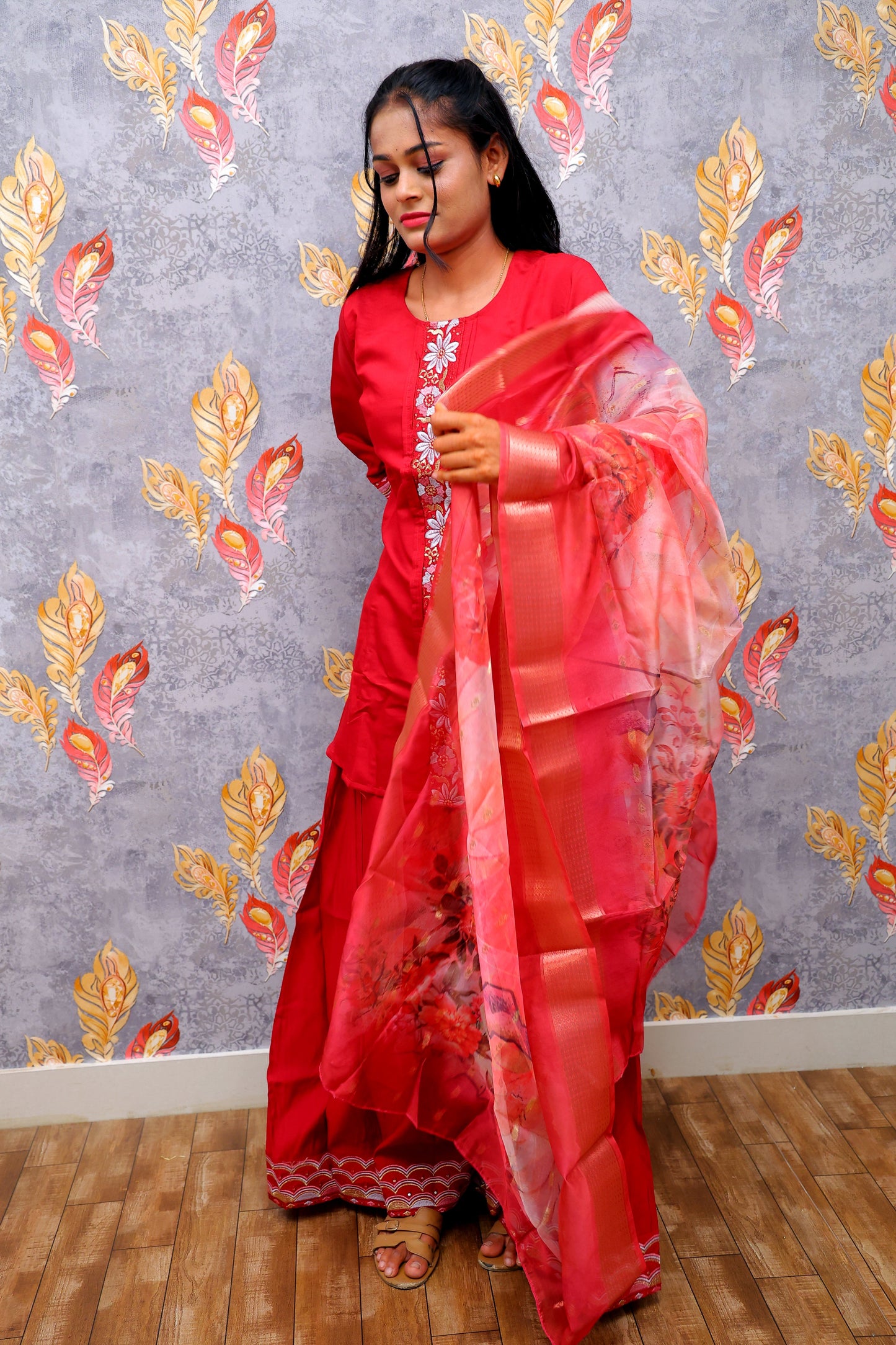 Red Embroidery Silk Kurti With Digital Print For Women & Girls