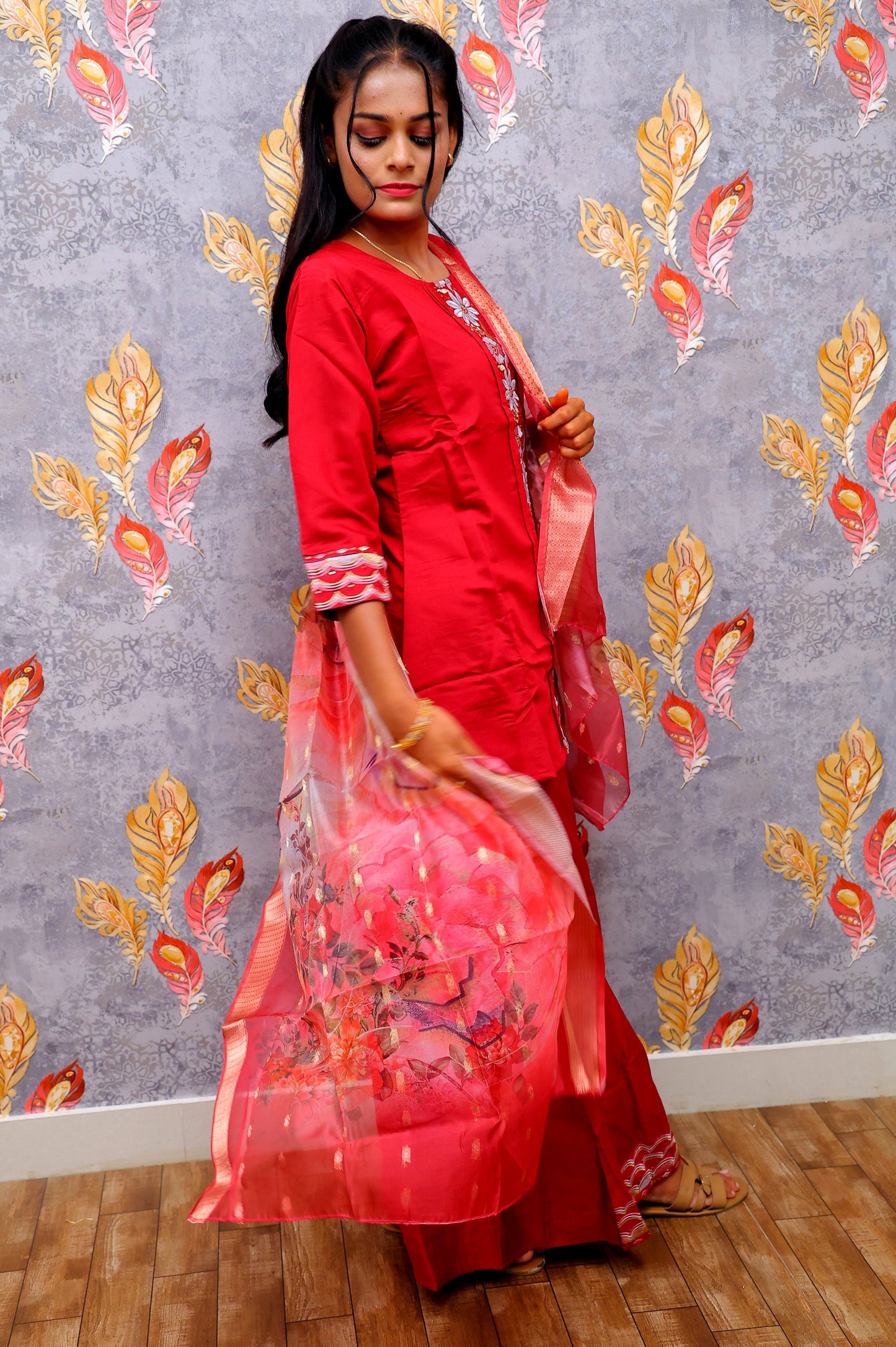 Red Embroidery Silk Kurti With Digital Print For Women & Girls