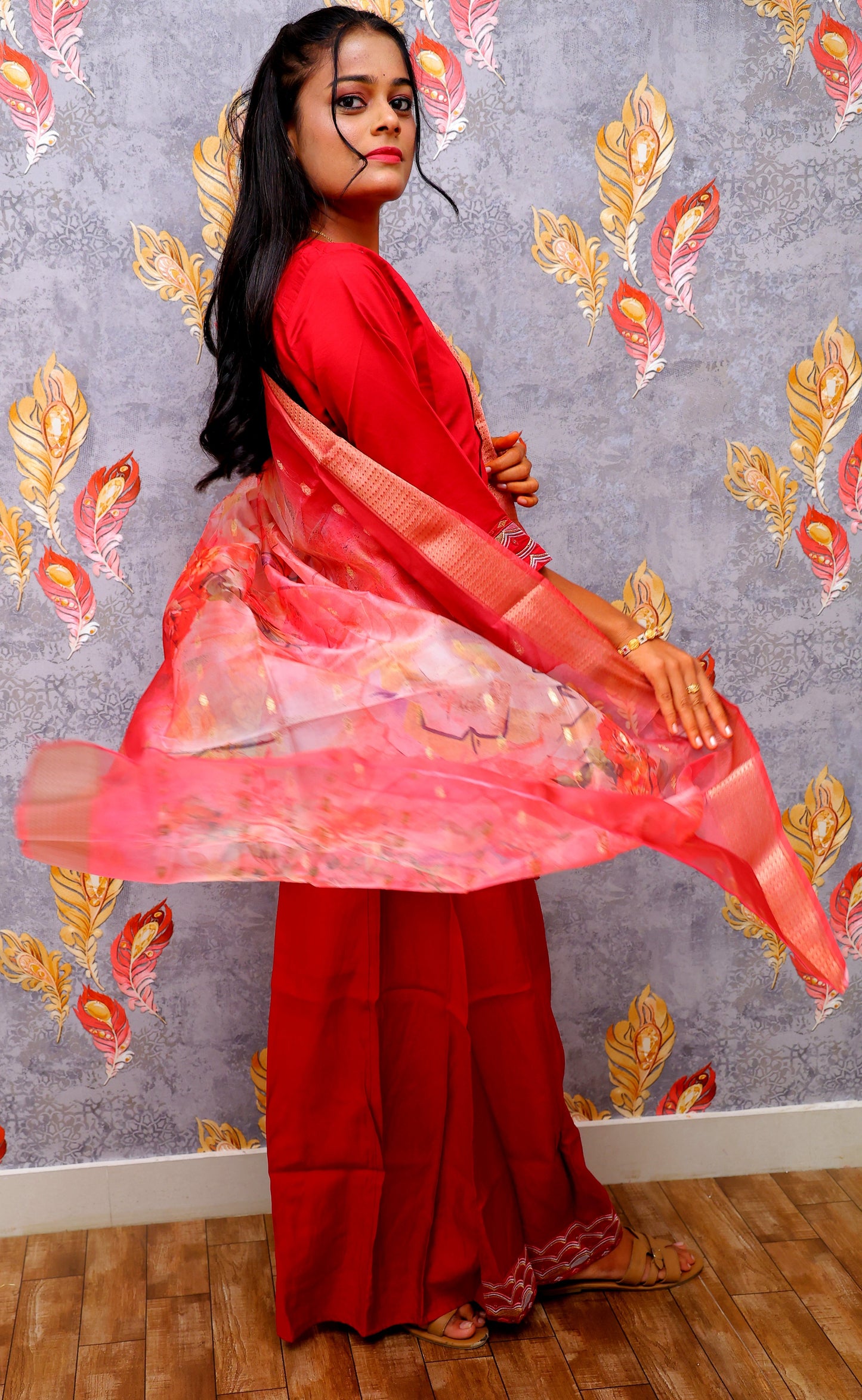 Red Embroidery Silk Kurti With Digital Print For Women & Girls