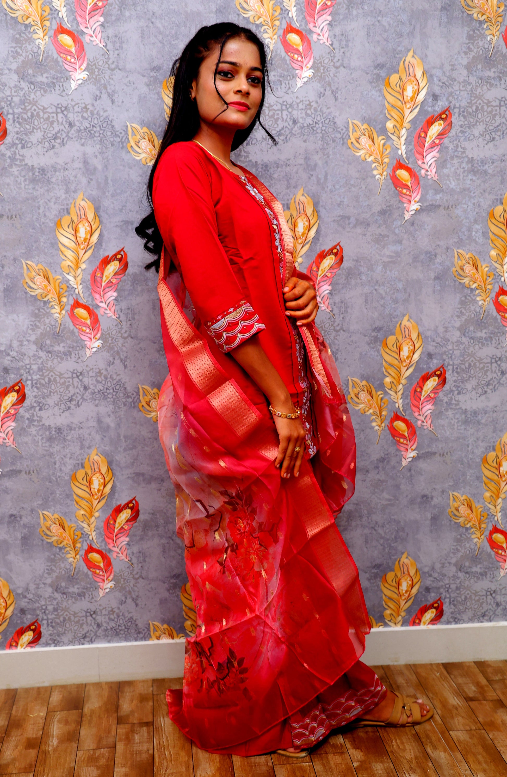 Red Embroidery Silk Kurti With Digital Print For Women & Girls