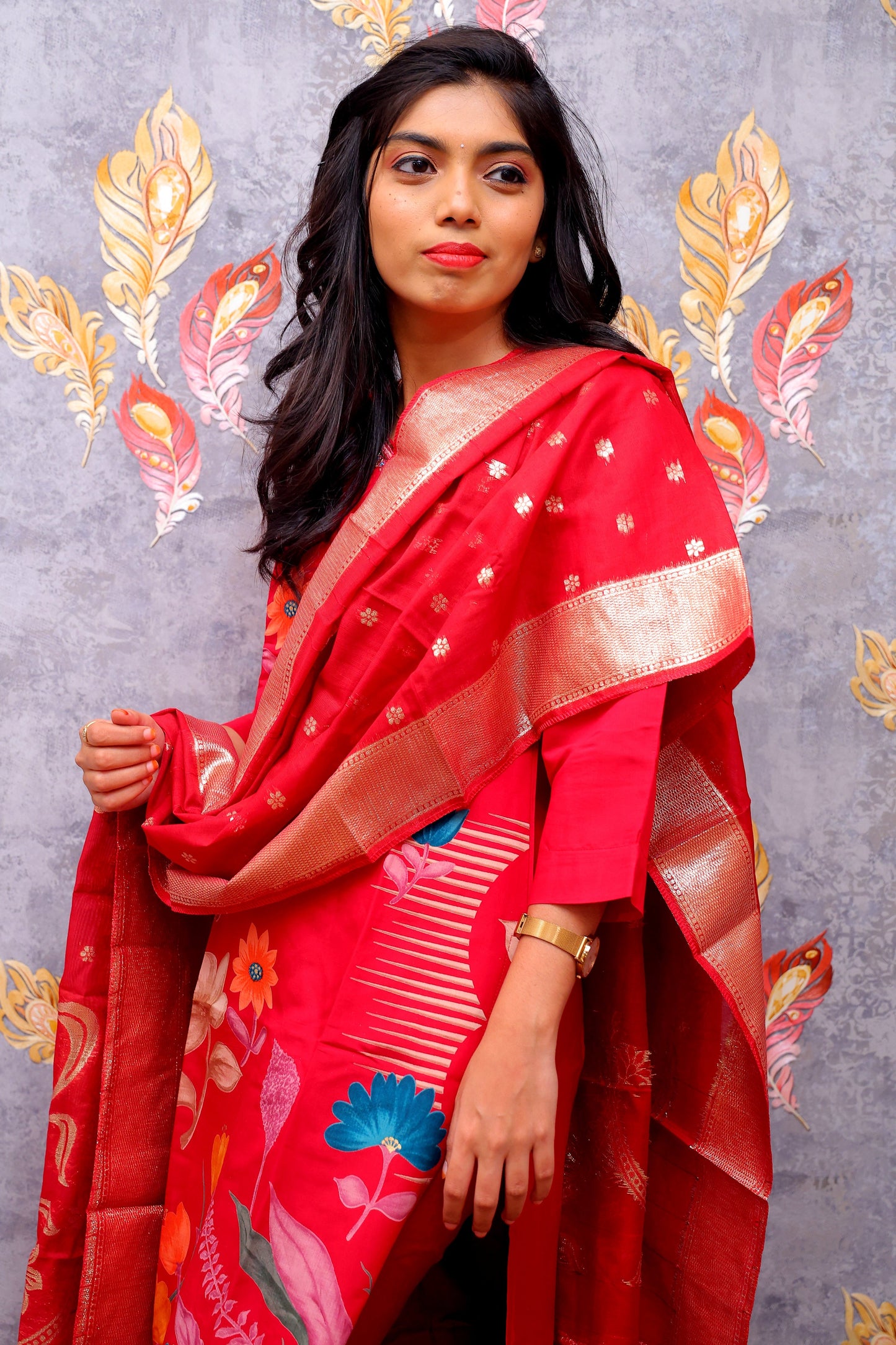 Red Kurti With Multicolor Floral Design For Women & Girls