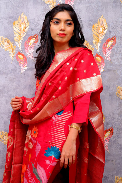 Red Kurti With Multicolor Floral Design For Women & Girls