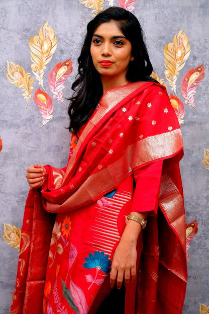Red Kurti With Multicolor Floral Design For Women & Girls