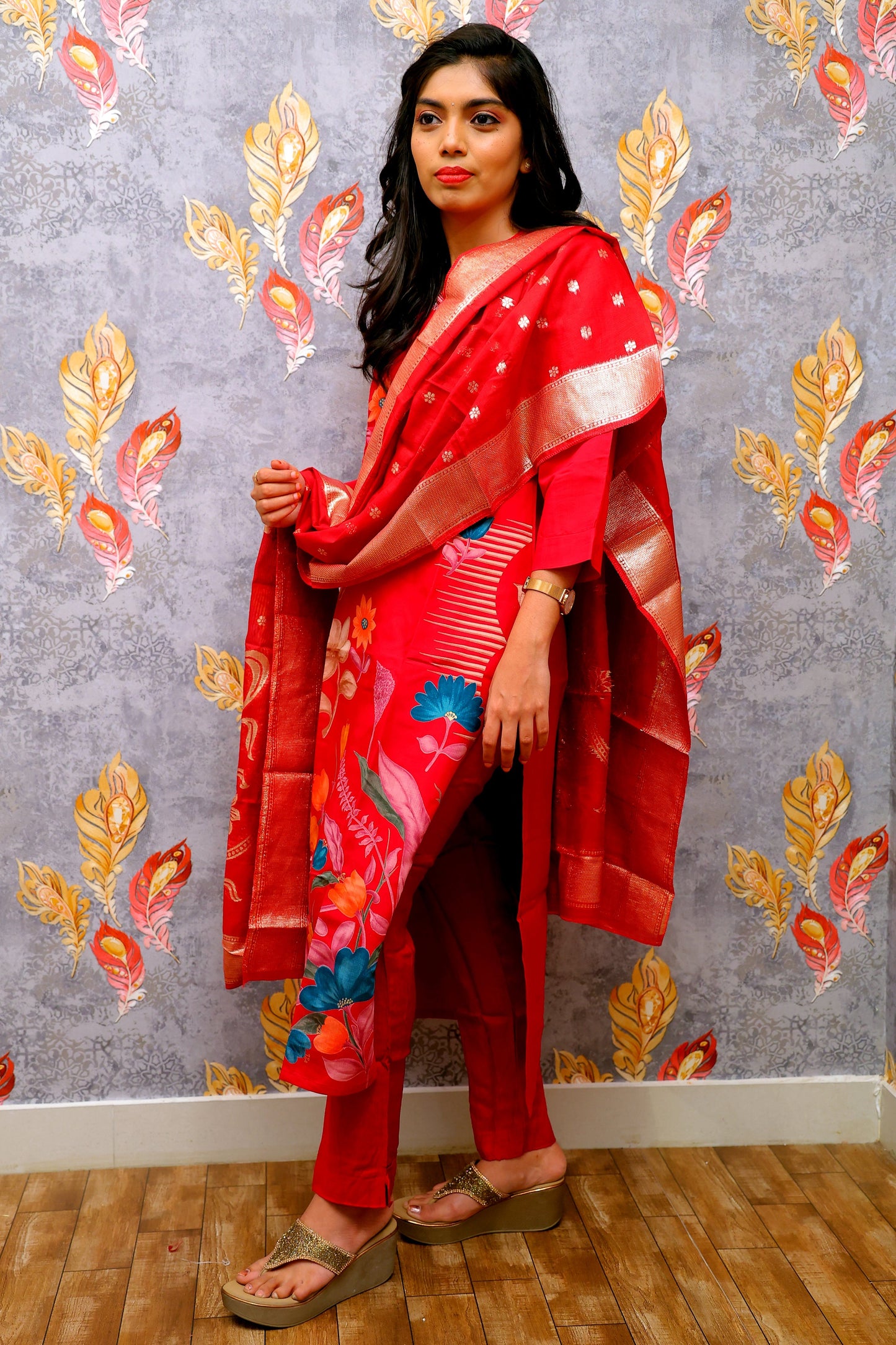 Red Kurti With Multicolor Floral Design For Women & Girls