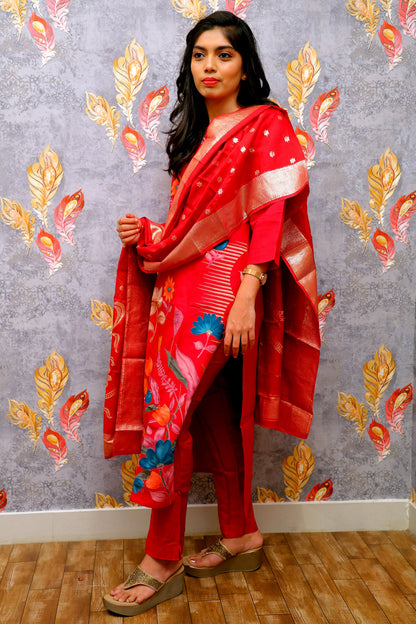 Red Kurti With Multicolor Floral Design For Women & Girls