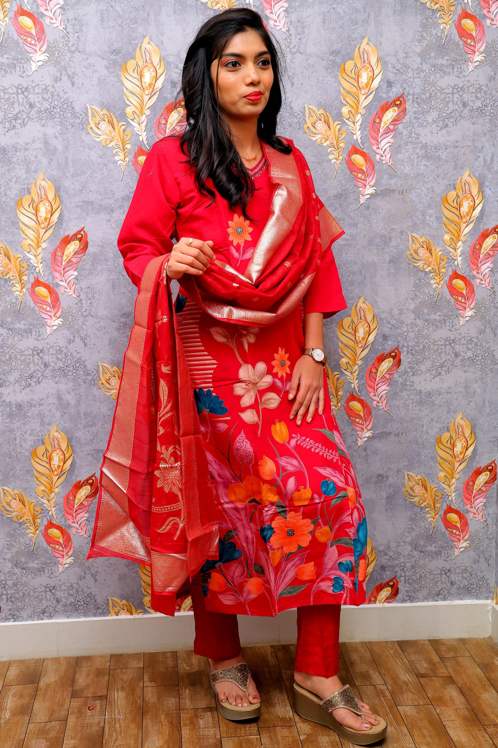 Red Kurti With Multicolor Floral Design For Women & Girls