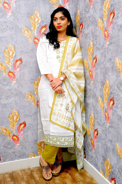 White Kurti With Green Bottom And Chiffon Dupatta For Women & Girls