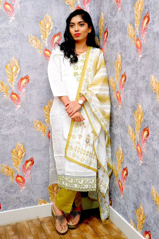 White Kurti With Green Bottom And Chiffon Dupatta For Women & Girls