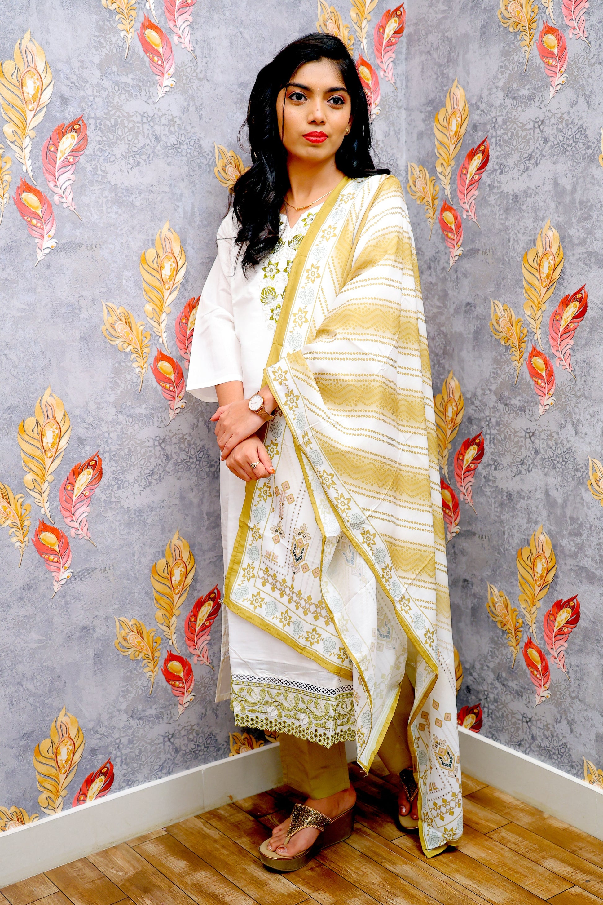 White Kurti With Green Bottom And Chiffon Dupatta For Women & Girls