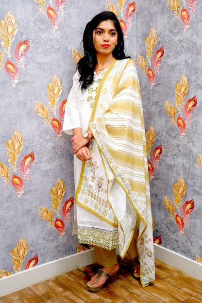 White Kurti With Green Bottom And Chiffon Dupatta For Women & Girls