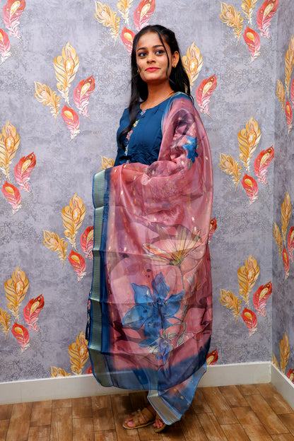 Dark Blue Kurti With Pink Color Floral Design Dupatta For Women & Girls