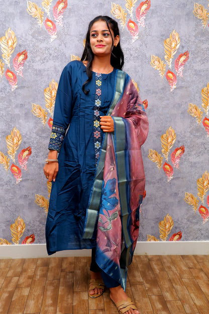 Dark Blue Kurti With Pink Color Floral Design Dupatta For Women & Girls