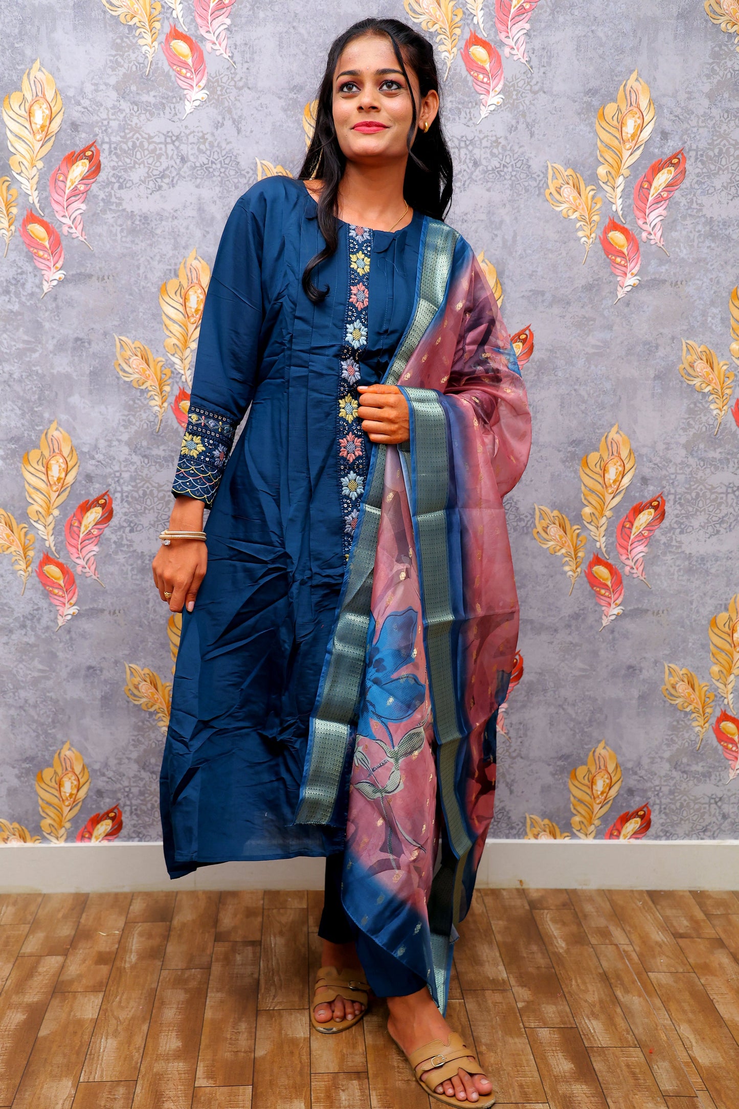Dark Blue Kurti With Pink Color Floral Design Dupatta For Women & Girls