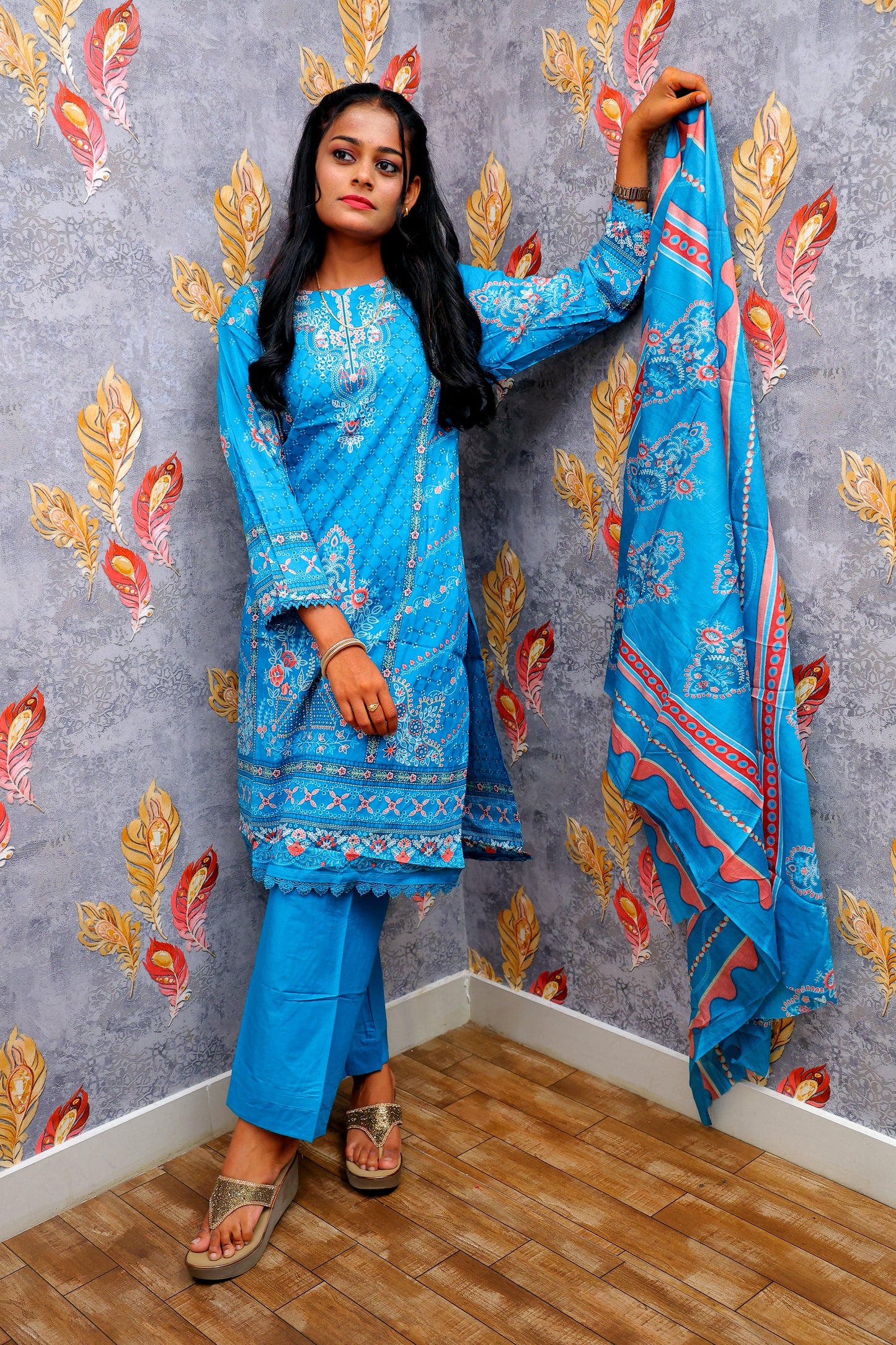 Blue Kurti With Floral Design For Women & Girls