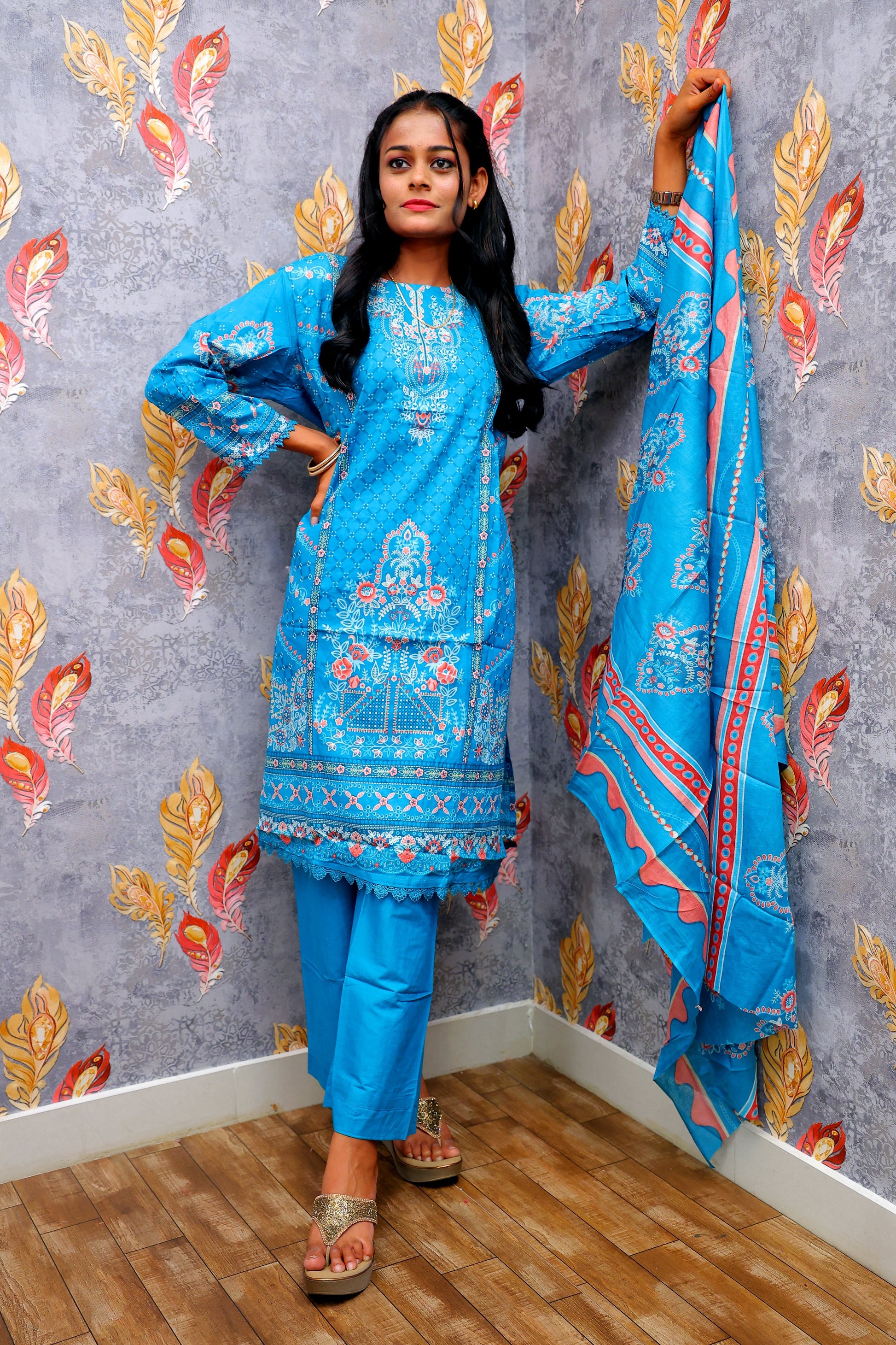 Blue Kurti With Floral Design For Women & Girls