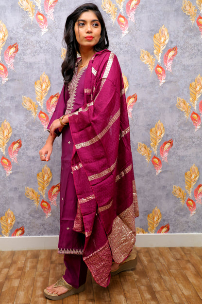 Purple Kurti With Embellished Silver Yoke For Women & Girls