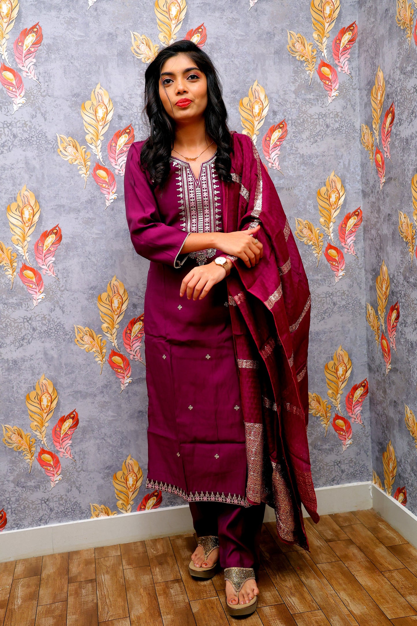 Purple Kurti With Embellished Silver Yoke For Women & Girls