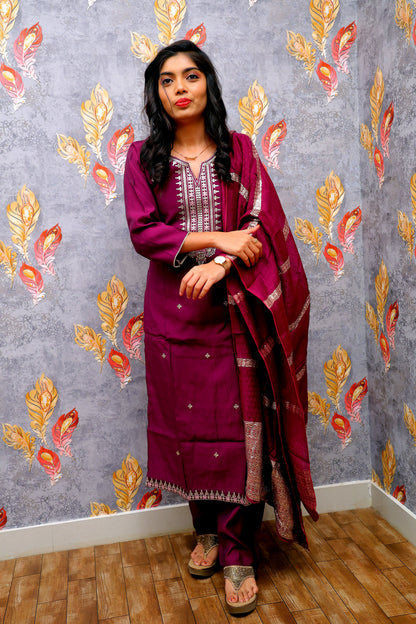 Purple Kurti With Embellished Silver Yoke For Women & Girls