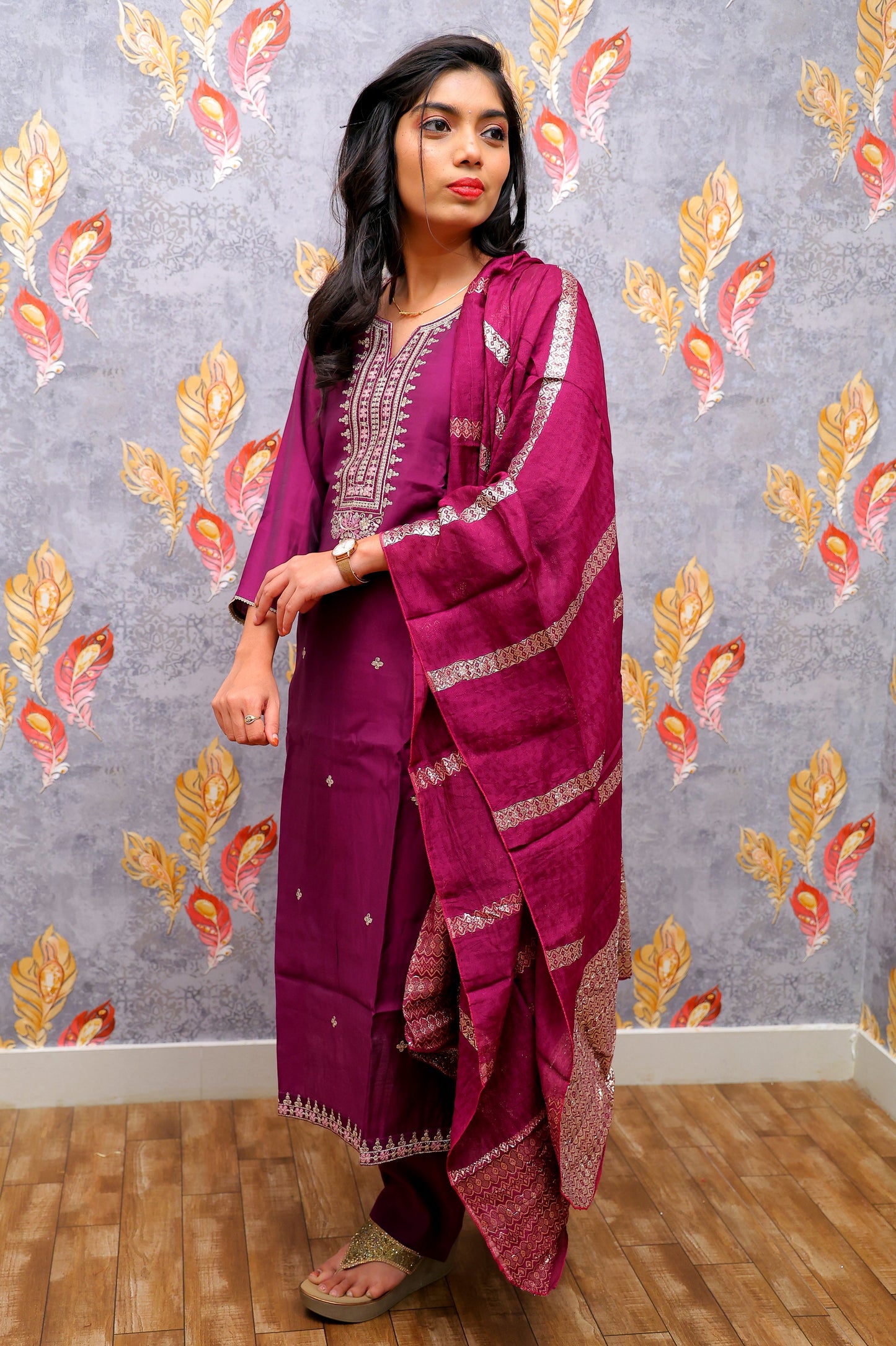 Purple Kurti With Embellished Silver Yoke For Women & Girls