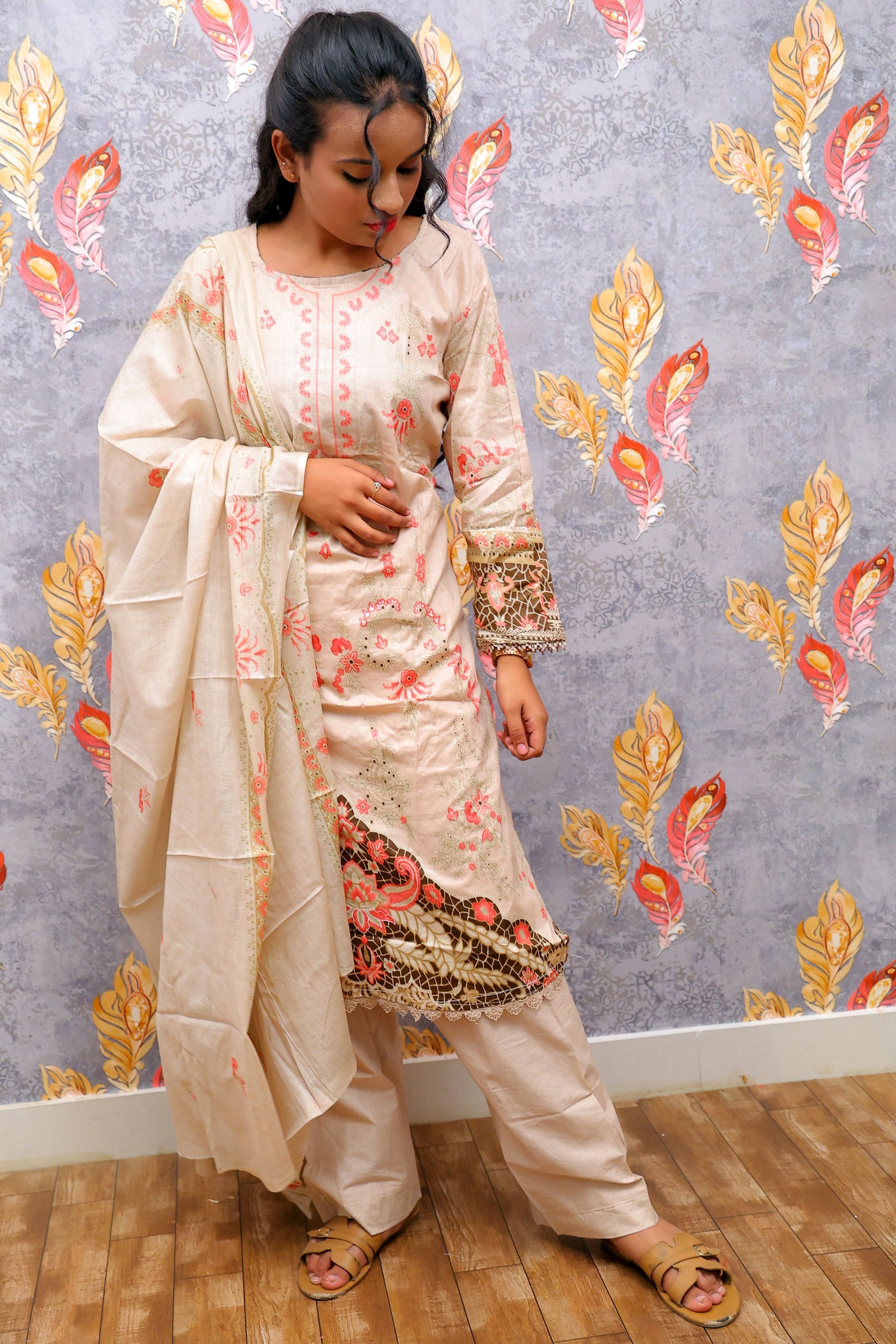 Cream Kurti With Floral Design For Women & Girls