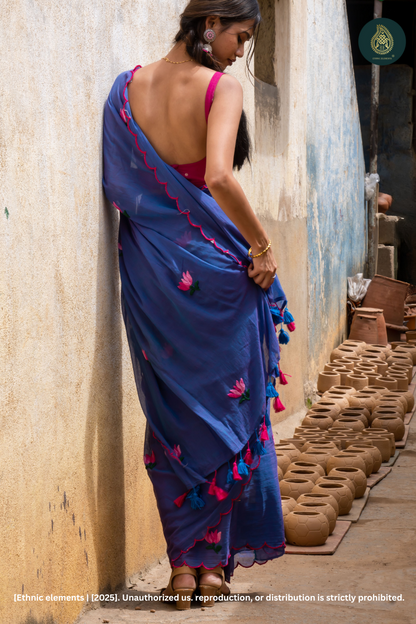 Blue Mul Cotton Saree With Lotus Hand Embroidery