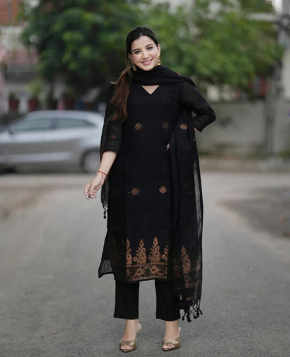 Elegant Black Ethnic Kurta Pant Dupatta Set
