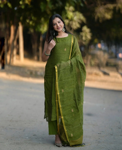 Women’s Olive Green Straight Kurta Set with Dupatta