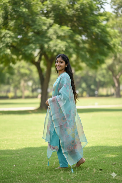 Light Blue Kurti With Embroidery Floral Design For Women & Girls