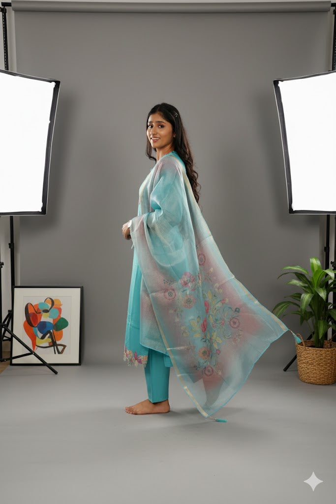 Light Blue Kurti With Embroidery Floral Design For Women & Girls