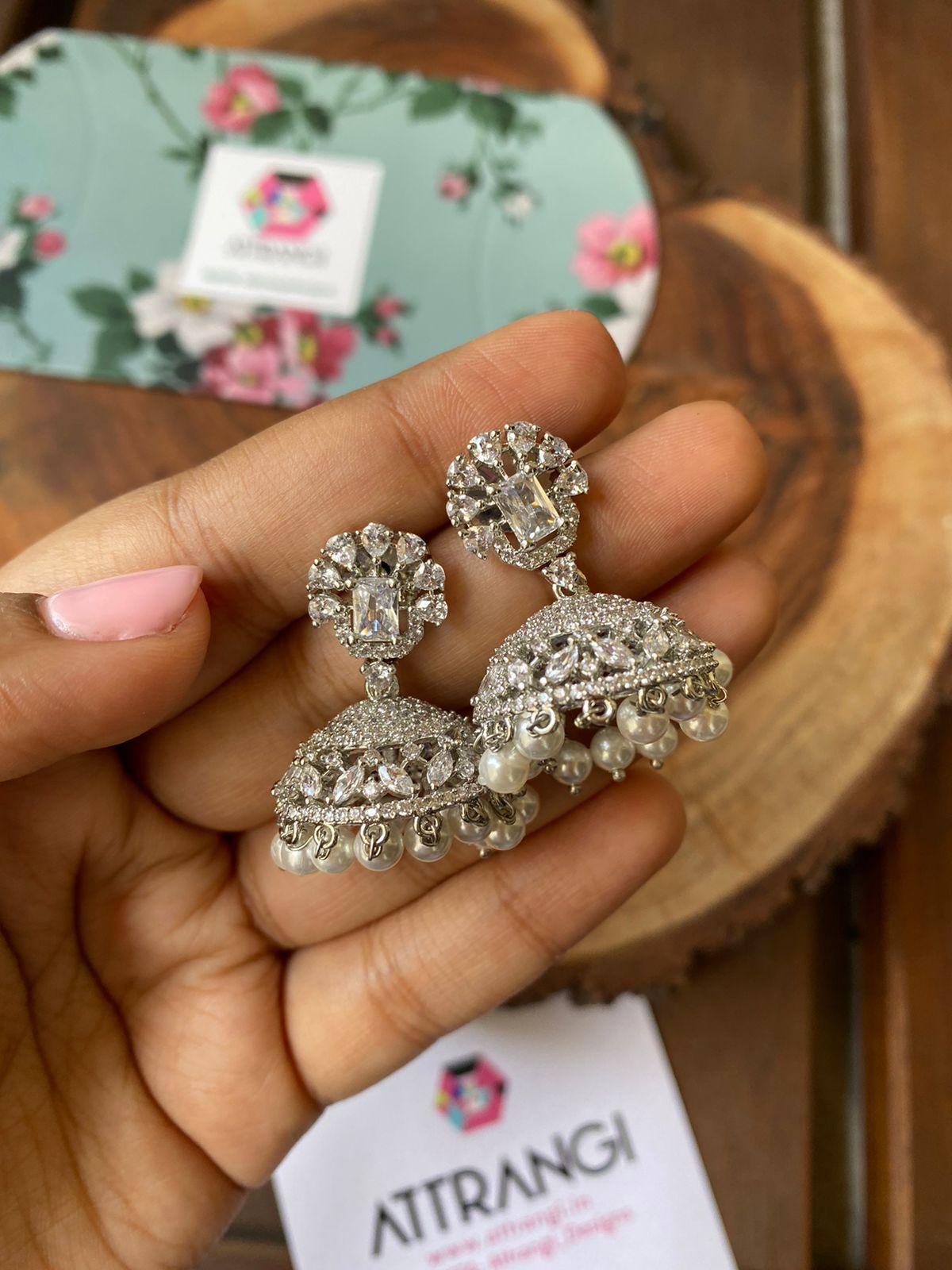 Mini Diamond Jhumkis with Pearls - Attrangi