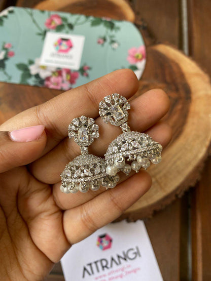 Mini Diamond Jhumkis with Pearls - Attrangi