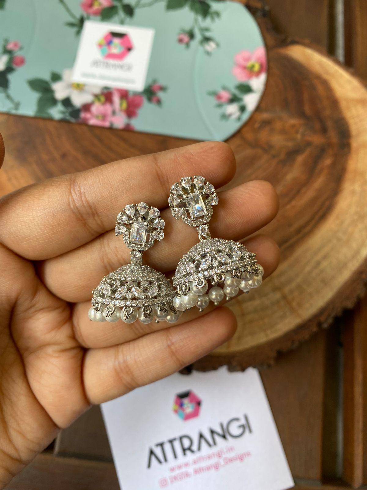Mini Diamond Jhumkis with Pearls - Attrangi