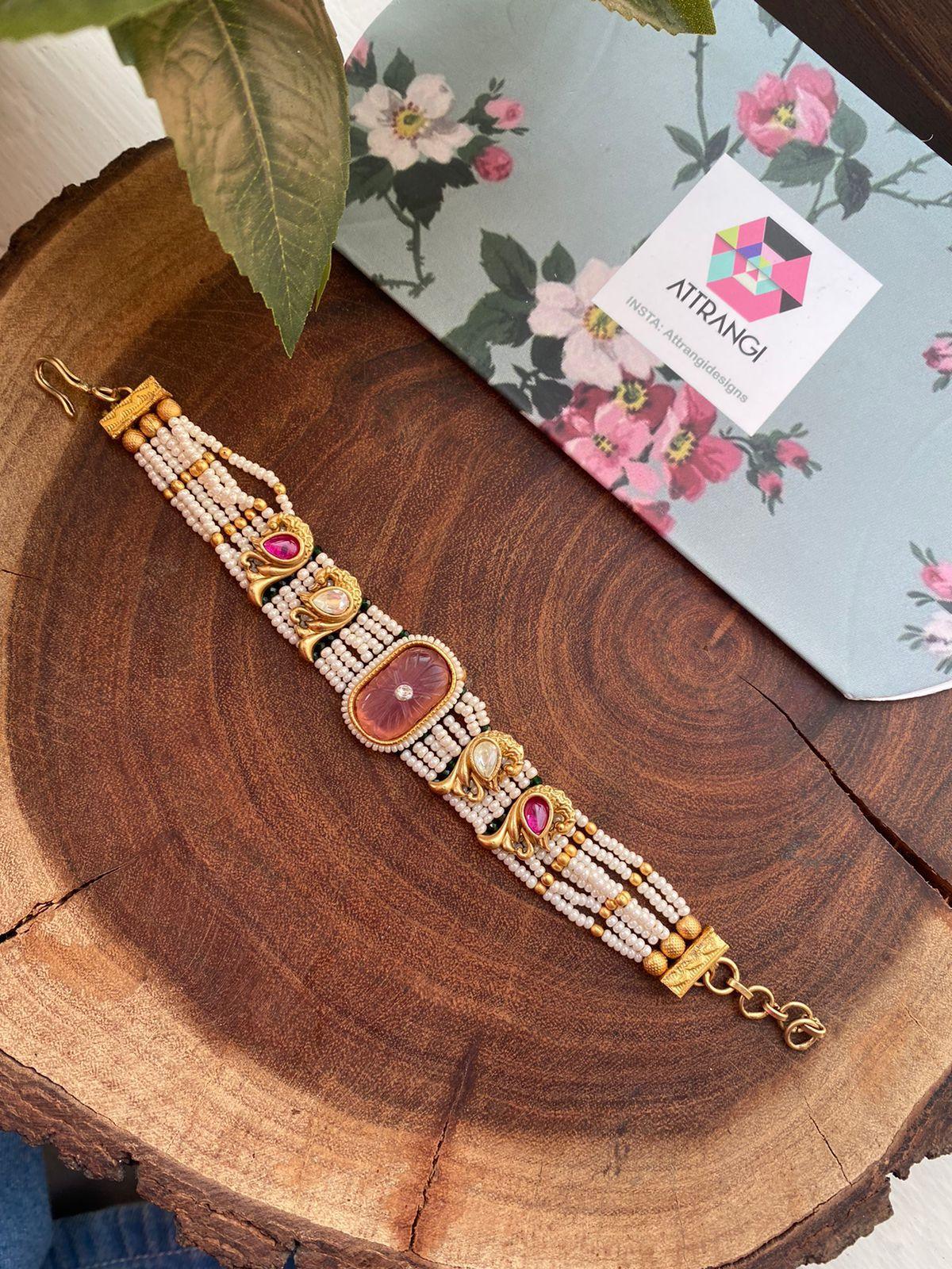 Mrinali Pearl Gold Indian Bracelet | Sone Pe Suhaga Collection - Attrangi