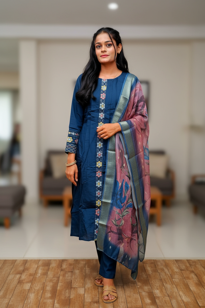 Dark Blue Kurti With Pink Color Floral Design Dupatta For Women & Girls