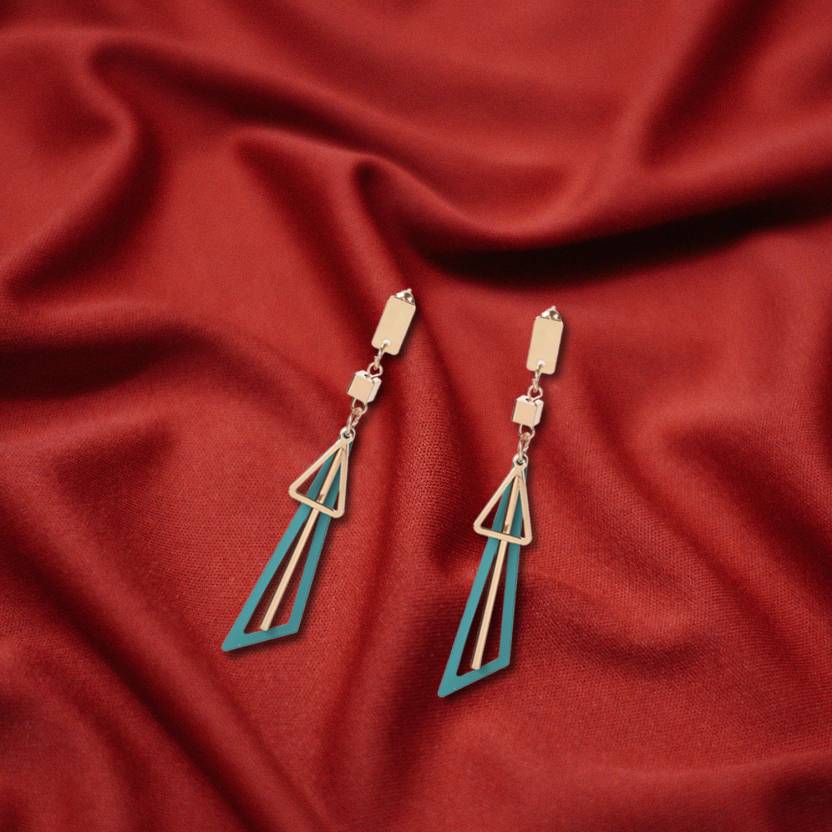 Hollow Triangle Long Earrings Geometric Drop Jewellery for Women and Girls (Green & Gold) Alloy, Zinc Drops & Danglers