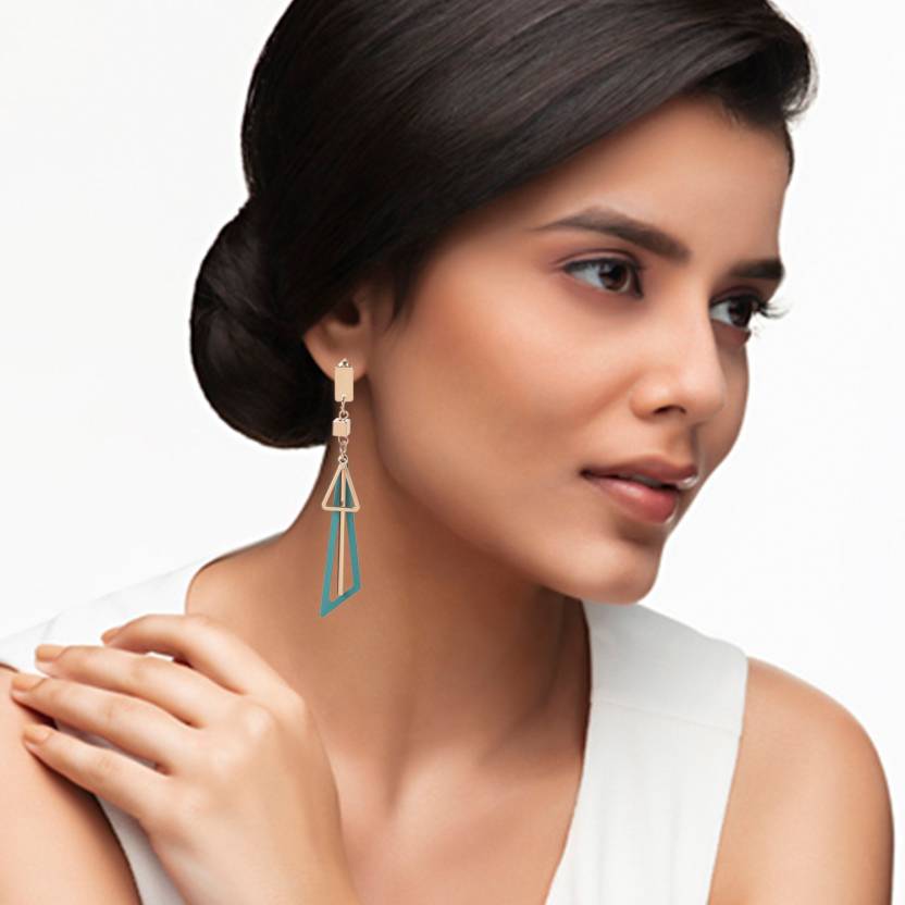 Hollow Triangle Long Earrings Geometric Drop Jewellery for Women and Girls (Green & Gold) Alloy, Zinc Drops & Danglers