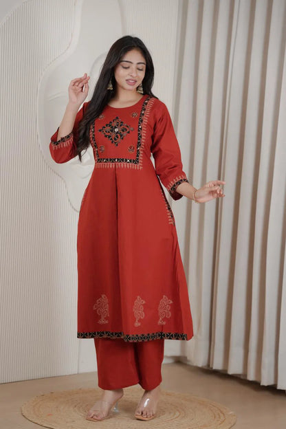 Premium Red Embroidered Kurti Palazzo Set