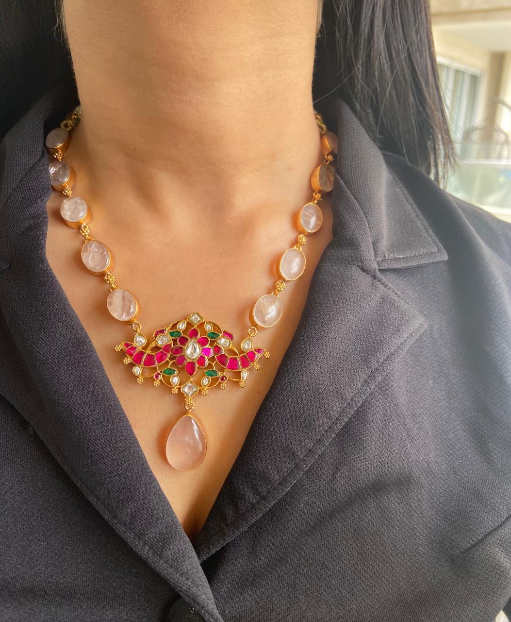 Niharika Rose Quartz Indian Necklace Set - Attrangi