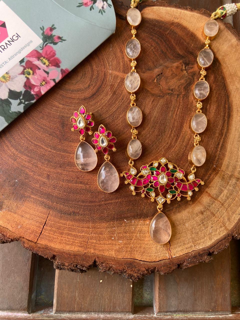 Niharika Rose Quartz Indian Necklace Set - Attrangi