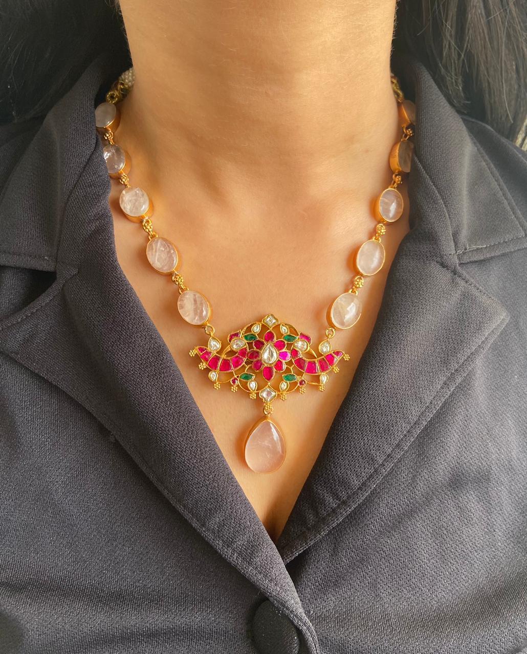 Niharika Rose Quartz Indian Necklace Set - Attrangi