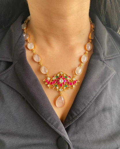 Niharika Rose Quartz Indian Necklace Set - Attrangi
