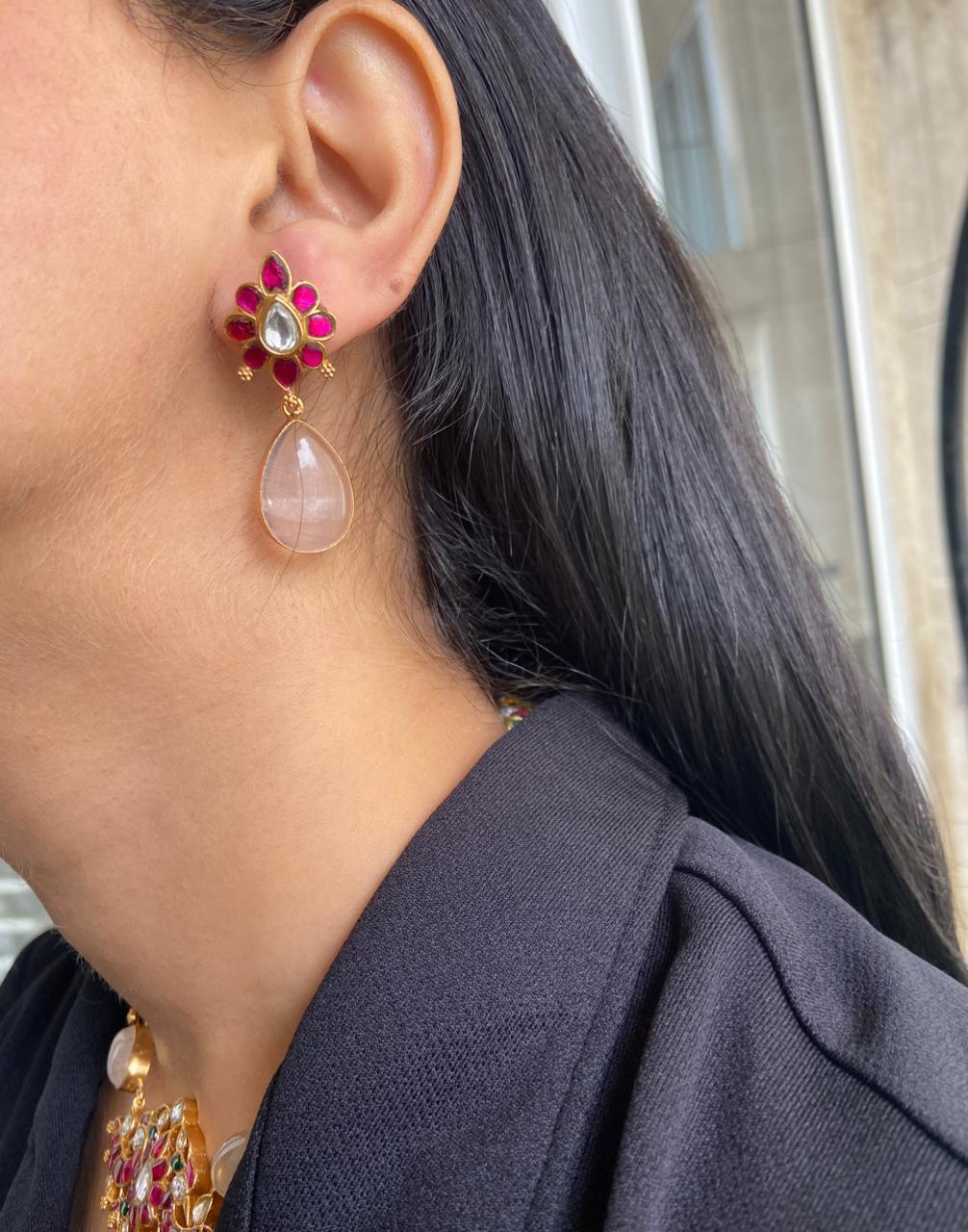 Niharika Rose Quartz Indian Necklace Set - Attrangi