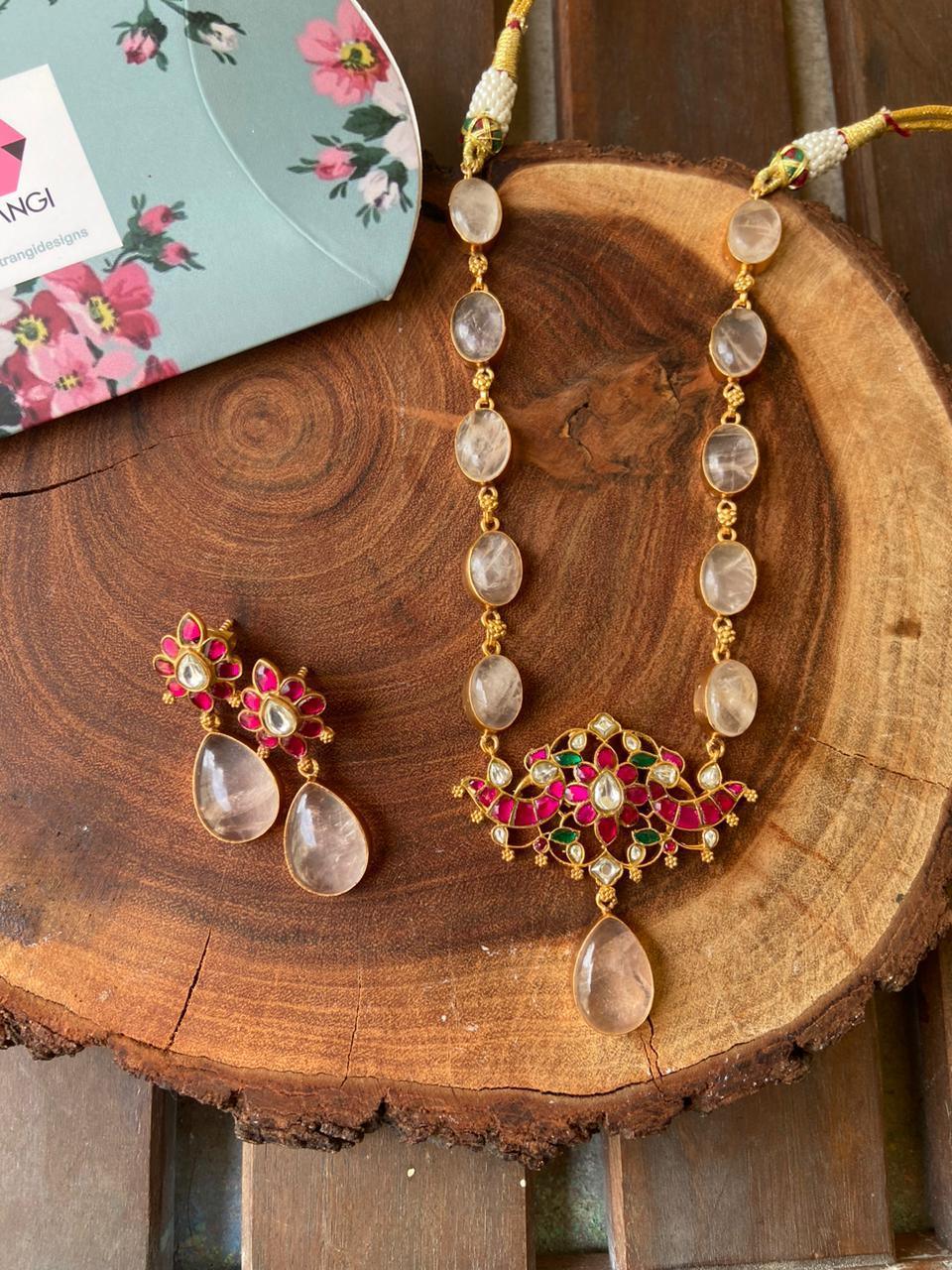Niharika Rose Quartz Indian Necklace Set - Attrangi