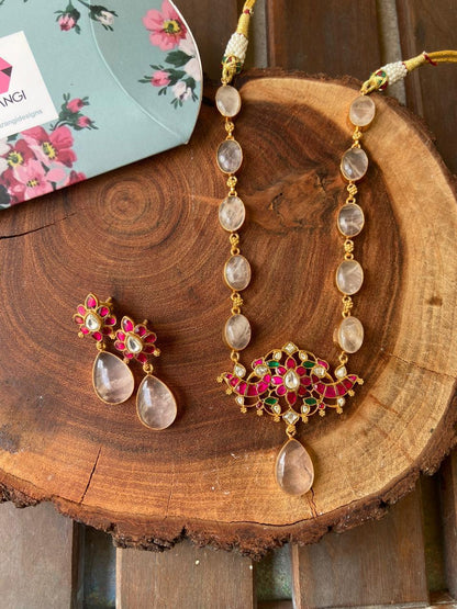 Niharika Rose Quartz Indian Necklace Set - Attrangi