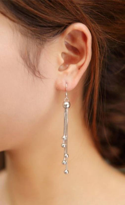 Nilu's Collection Silver Plated Long Five Beads Retro Earrings Flash Jewelry for Girls and Women Alloy Drops & Danglers