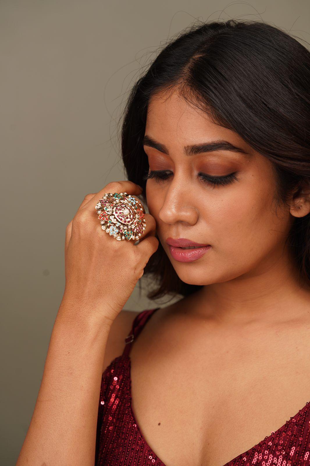 Oversized Navratna Jadaau Ring - Attrangi