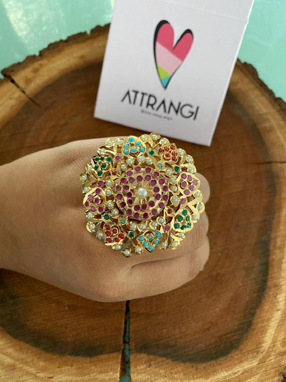 Oversized Navratna Jadaau Ring - Attrangi