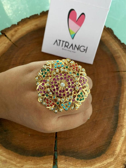 Oversized Navratna Jadaau Ring - Attrangi
