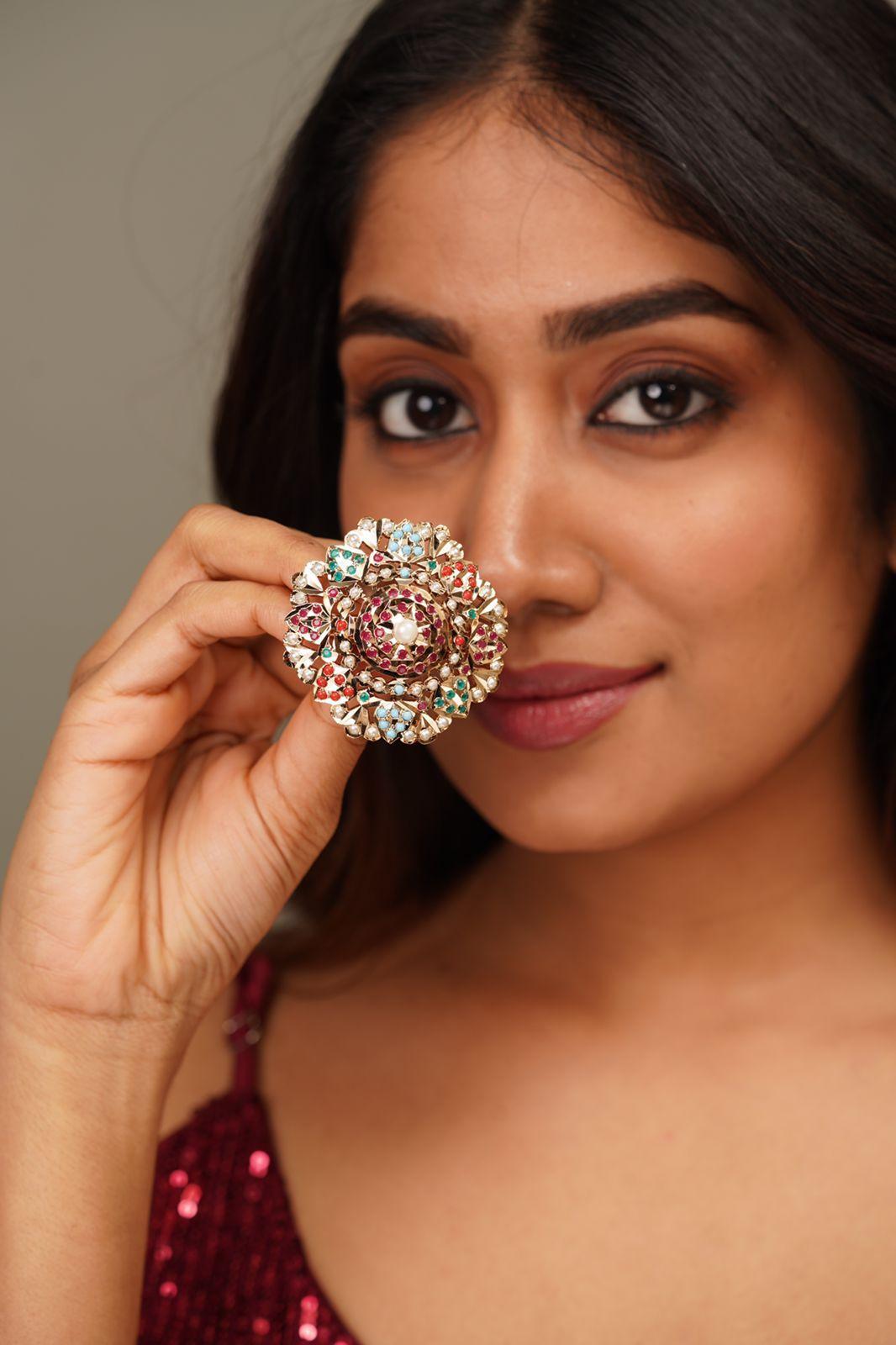 Oversized Navratna Jadaau Ring - Attrangi