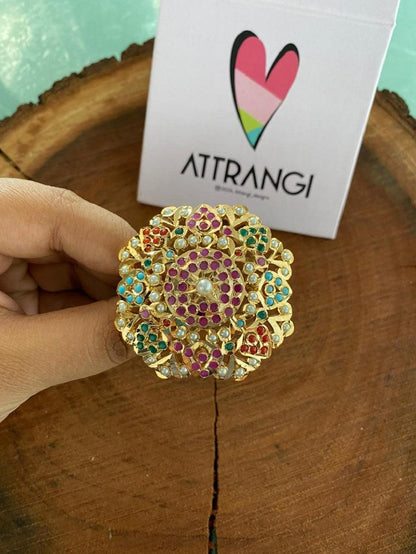 Oversized Navratna Jadaau Ring - Attrangi